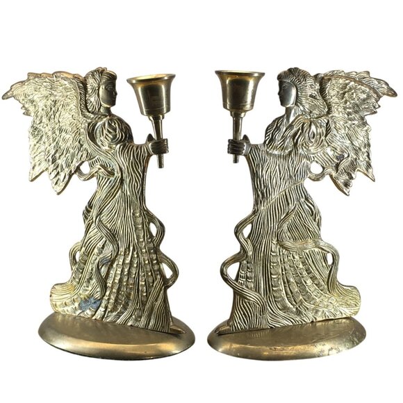 Vintage Solid Brass Angels Candle Stick Holders Home Holiday Decor 8'' India - Picture 1 of 14